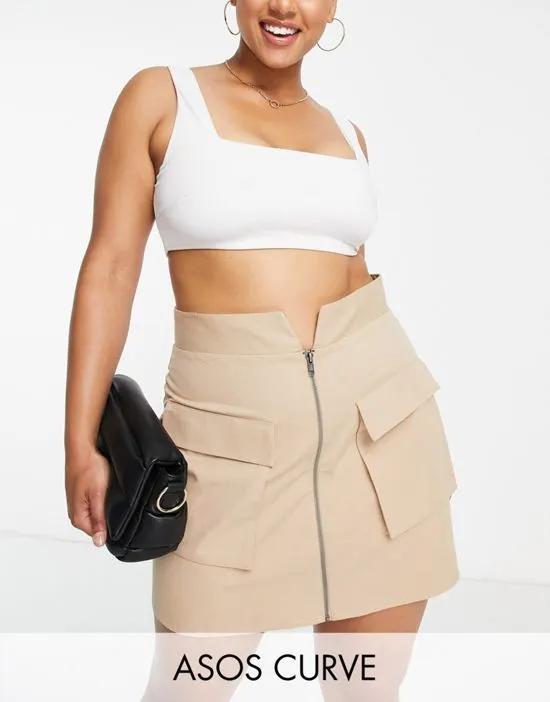 Curve zip up utility mini skirt in stone
