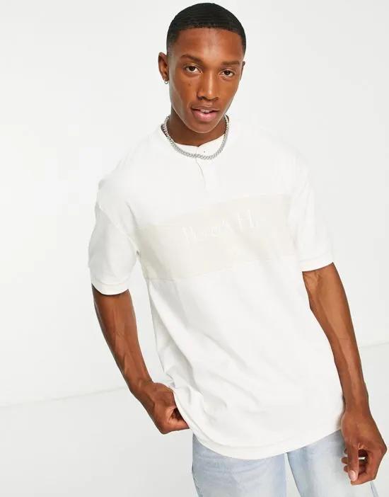 cut and sew button T-shirt with Beverly Hills print in white