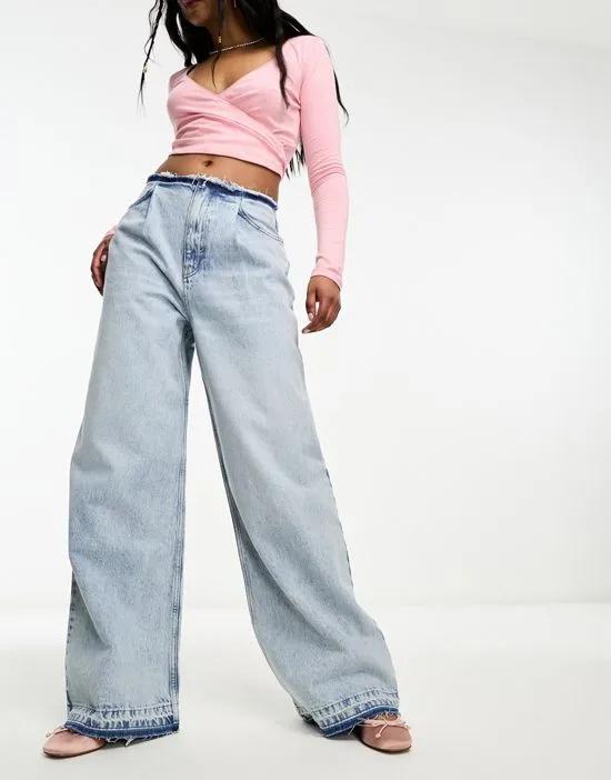 cut off waistband wide leg jean in light blue - part of a set