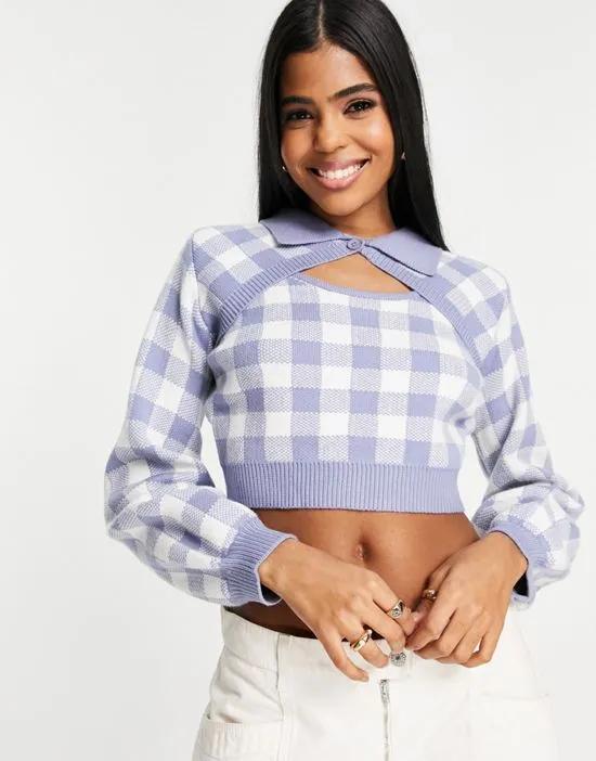 cut-out cropped sweater in check