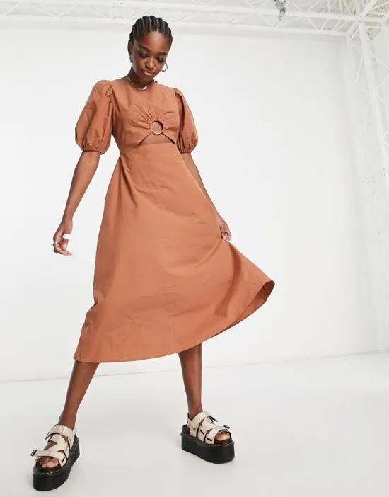cut-out detail puff sleeve midaxi dress in coconut shell brown