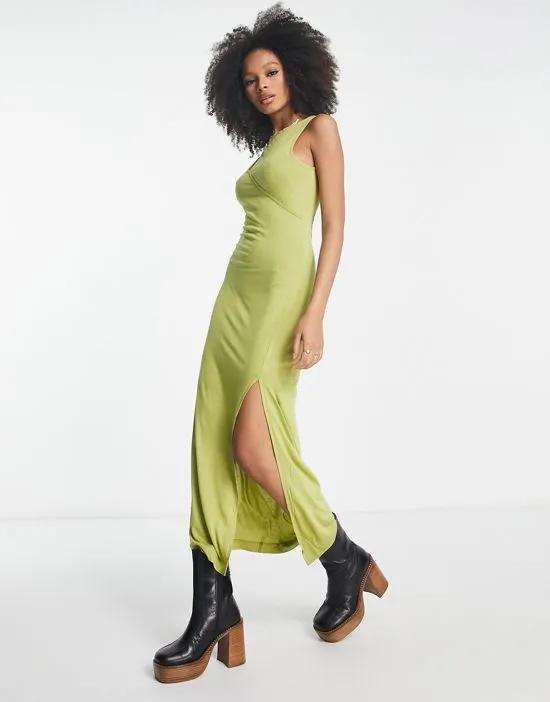 cut out fitted jersey midi dress in green