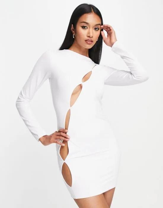 cut out hole detail long sleeve mini dress in white - WHITE