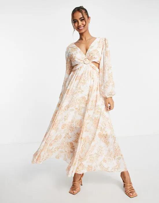 cut-out long sleeve maxi dress in apricot floral