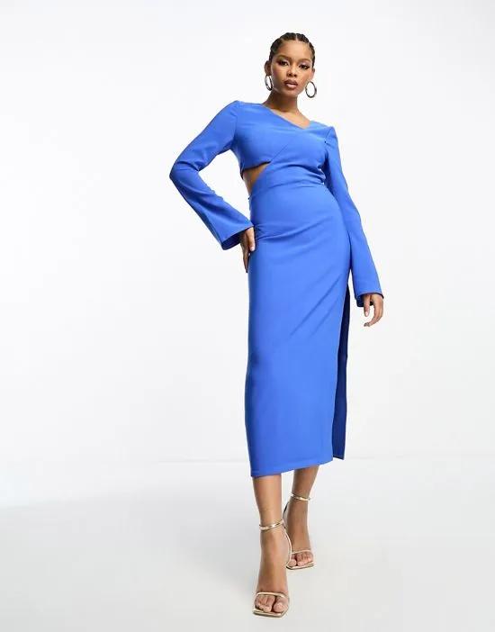 cut-out long sleeve midaxi dress in cobalt
