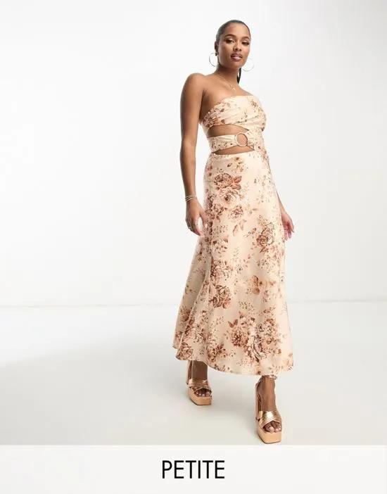 cut out maxi dress in brown floral satin