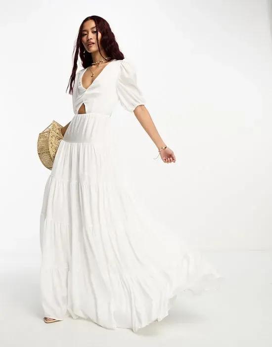 cut-out maxi dress with puff sleeves in white