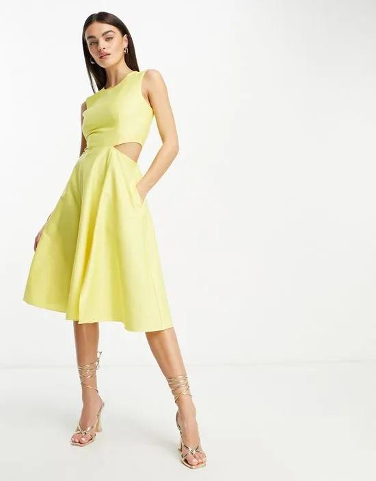 cut-out midi dress with pockets in lemon