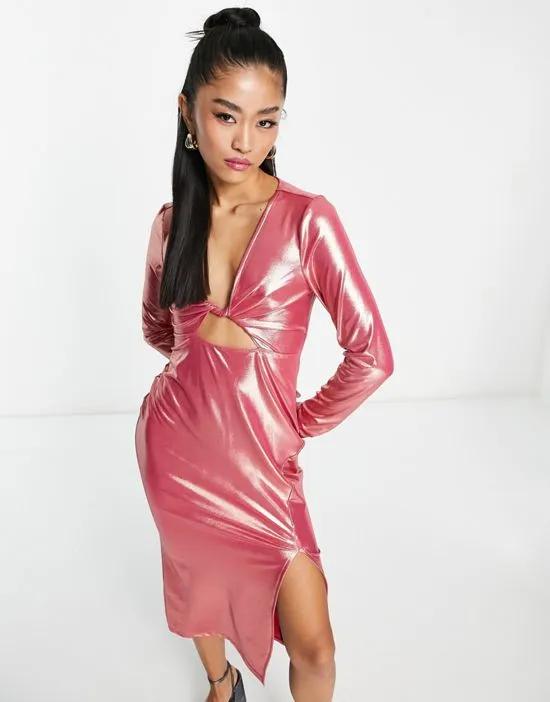 cut out midi dress with split in pink metallic