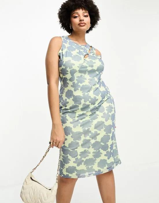 cut out midi slip dress in blue green floral
