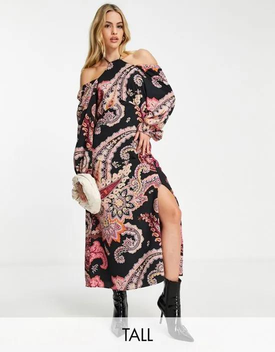 cut out neck maxi dress in black paisley print