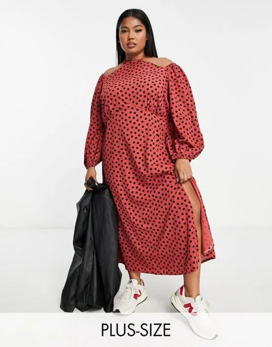 cut out neck maxi dress in rust polka dot