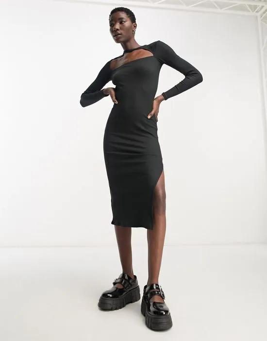 cut out neck ribbed body-conscious midi dress in black