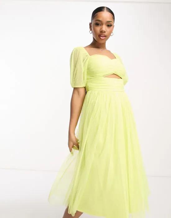 cut-out puff sleeve midi dress in lime