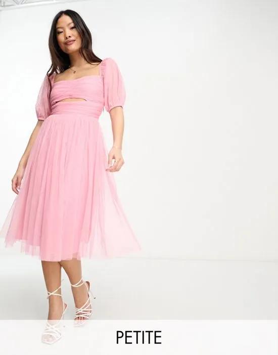 Cut out puff sleeve midi dress in pink