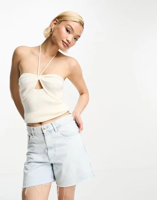 &  cut-out rib knit halter bustier top in off white