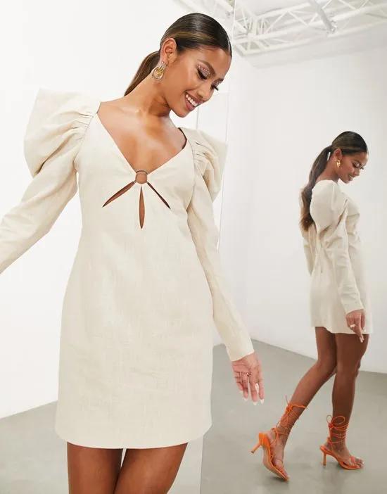 cut out ring detail volume shoulder mini dress in stone