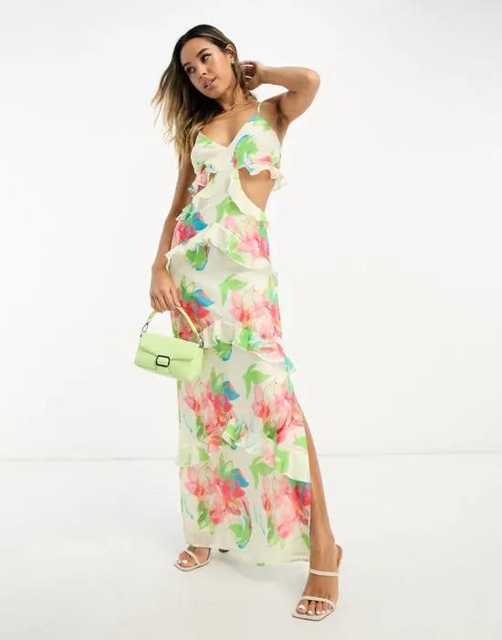 cut-out ruffle maxi dress in ivory floral
