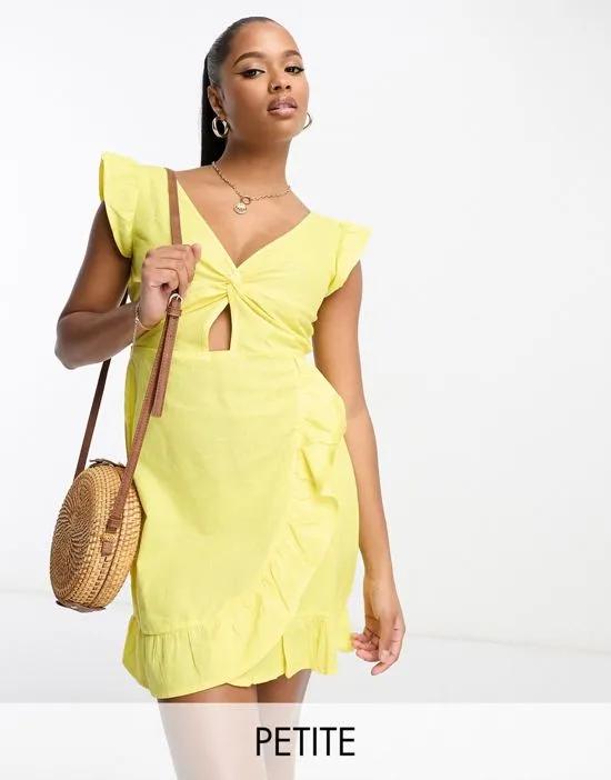 cut-out ruffle sleeve mini dress in yellow