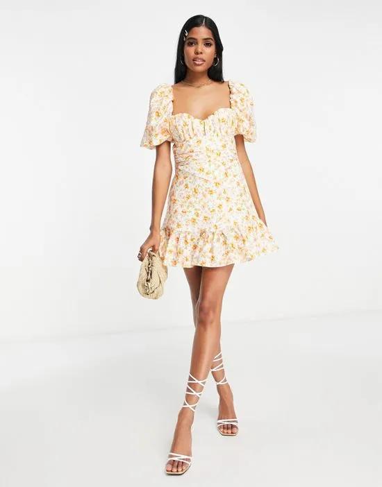 cut out satin mini dress in ivory ditsy floral