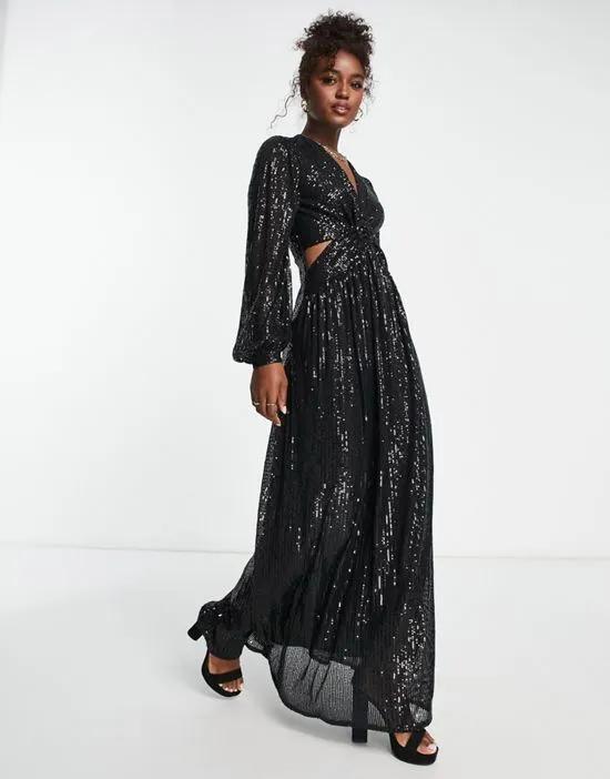 cut-out sequin maxi dress in black
