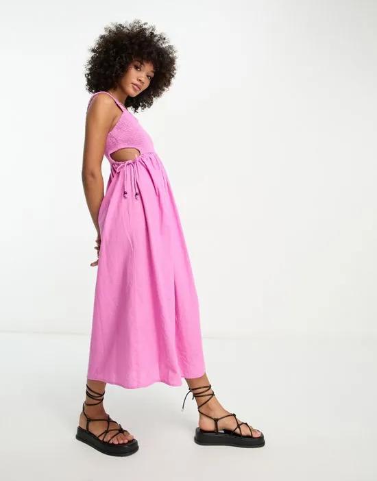 cut out shirred maxi dress in bright pink