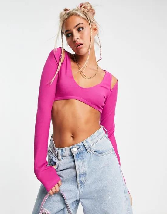 cut out shoulder crop top in hot pink