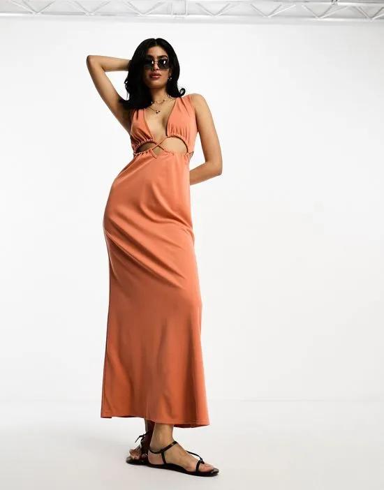 cut-out strappy waist maxi dress in rust