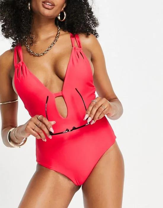 cut out swimsuit with tie back in red