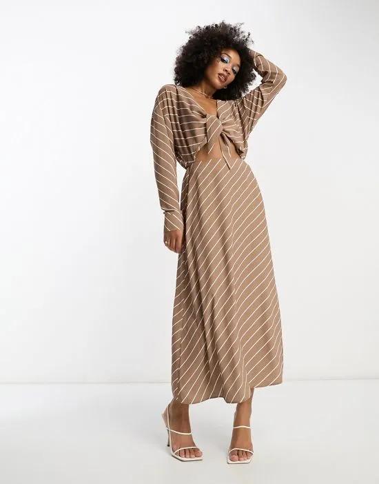 cut out waist long sleeve midi dress in brown and white stripe