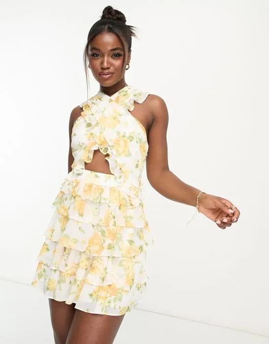 cut out waist mini dress in yellow floral