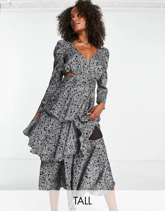 cut out waist tiered occasion midi dress in star print