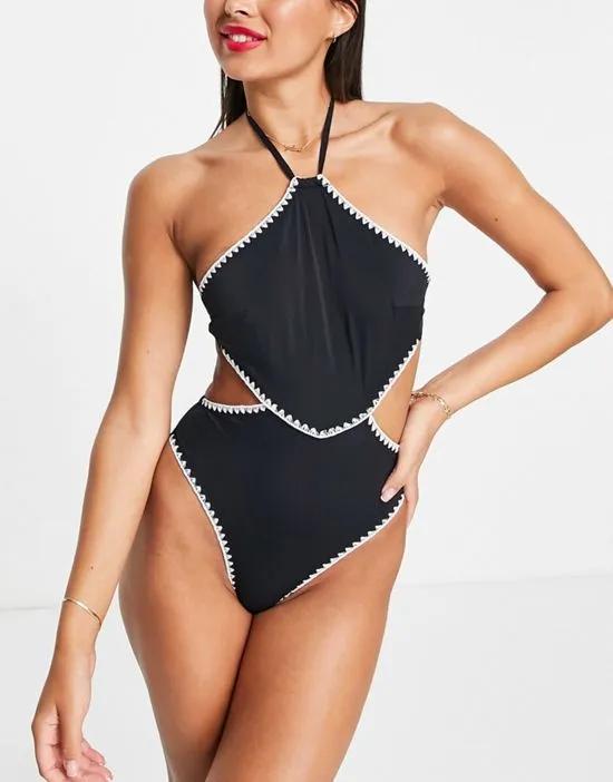 cut out with contract stitching swimsuit in black