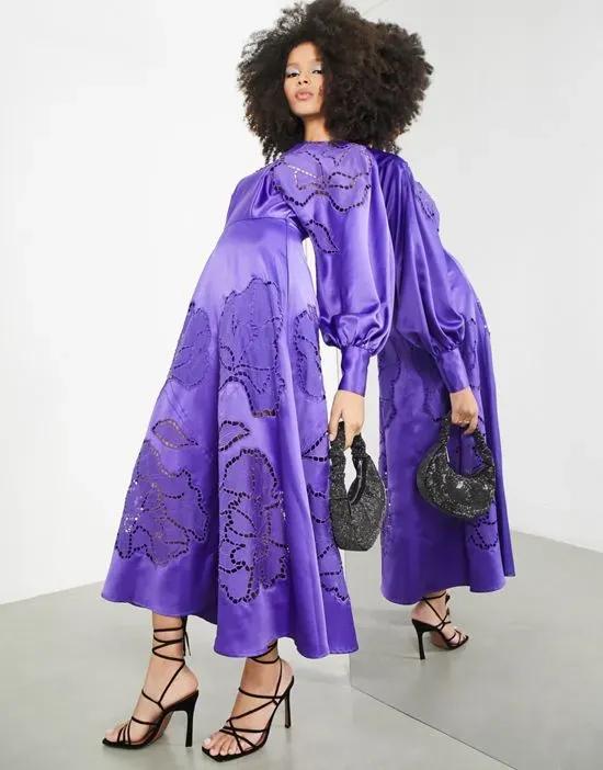 cutwork long sleeve satin midi dress in purple