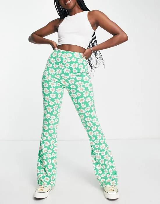 daisy print kickflare pants in green
