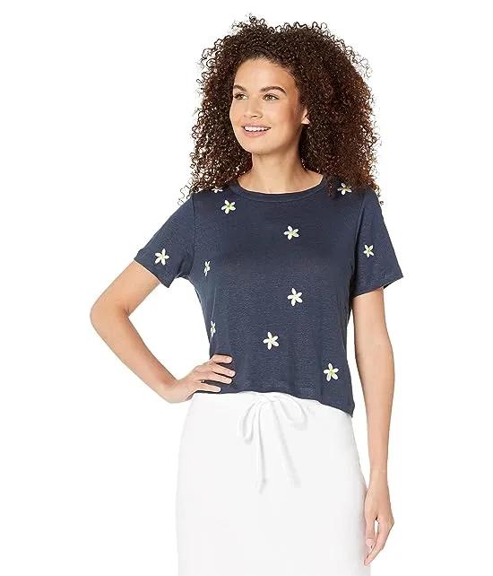 Daisy Stitches Linen Jersey Cropped Short Sleeve Easy Tee