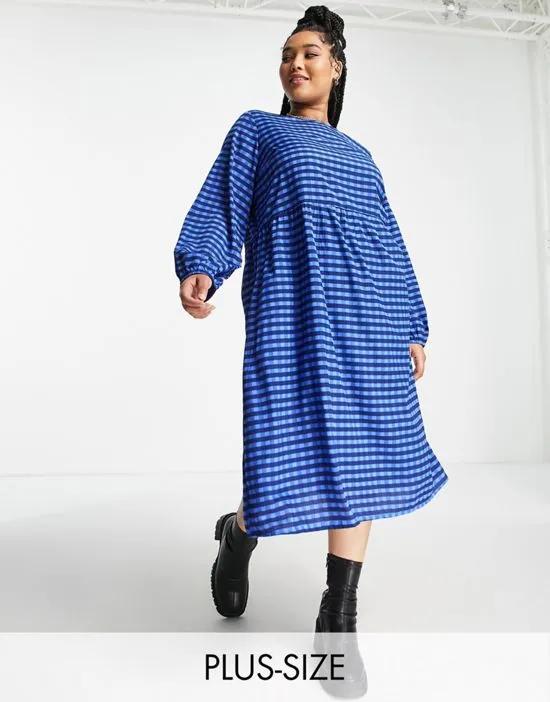 Daisy Street long sleeve smock dress in bright blue plaid