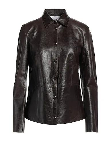 Dark brown Leather Solid color shirts & blouses