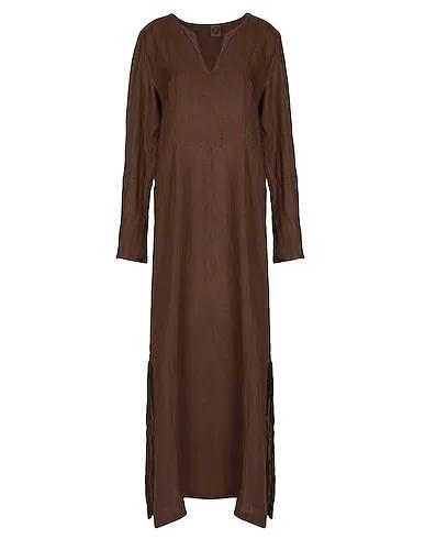Dark brown Plain weave Long dress LINEN V-NECK MAXI DRESS
