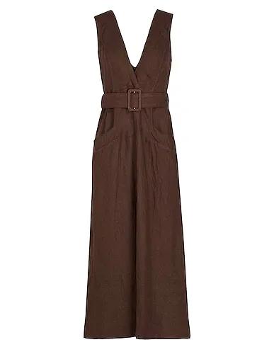 Dark brown Plain weave Midi dress LINEN BELTED MIDI DRESS
