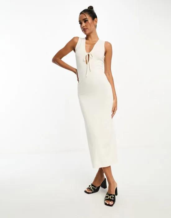 deep plunge tie front midi dress in ivory