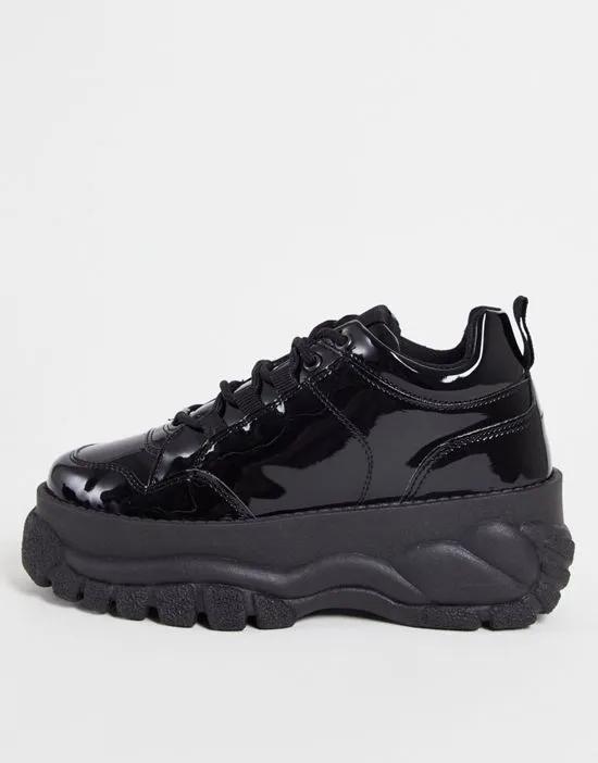 Defy chunky flatform sneakers in black patent