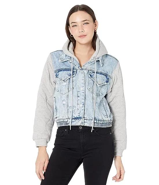 Denim Jacket with Grey Quilted Sleeves and Removable Hood