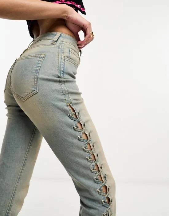 denim jeans with lace up side detail