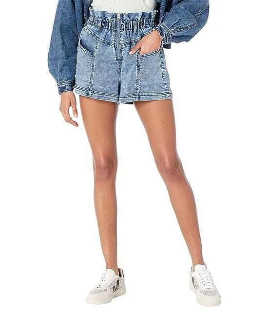 Denim Knit Shorts with Elastic Waist Front in Blue