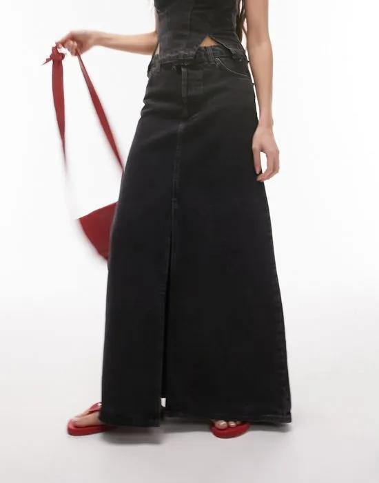 denim low slung maxi skirt in washed black