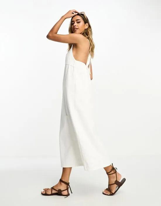 denim maxi dress with cross strap back in white