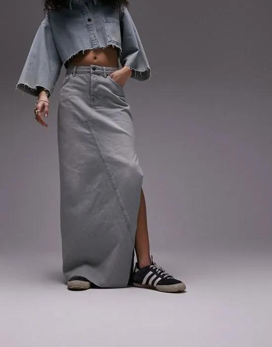 denim maxi skirt with side split in authentic blue