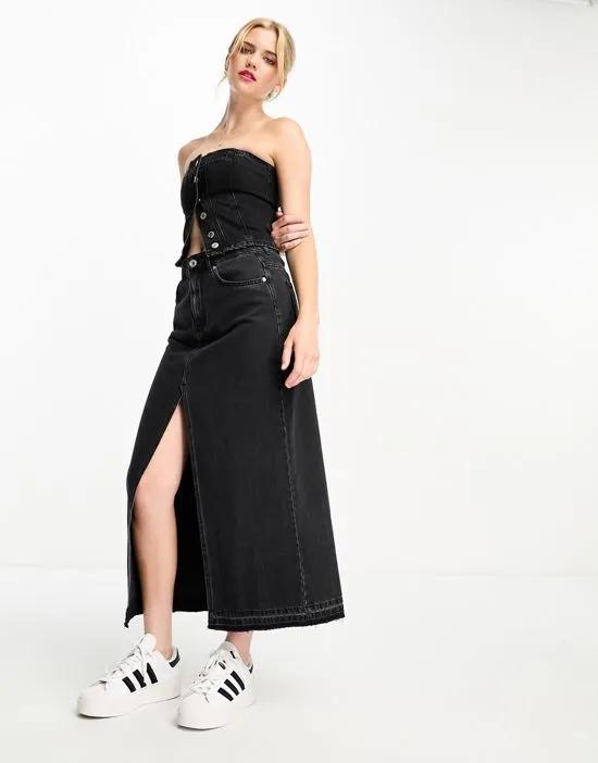denim midi skirt with split front in black