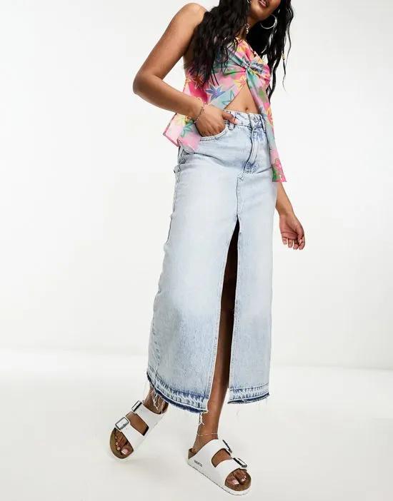 denim midi skirt with split front in bleached wash